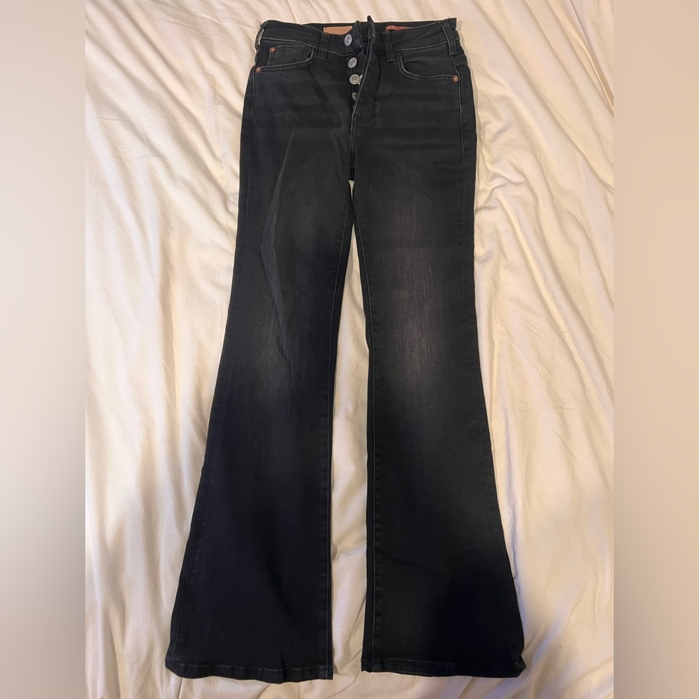 Pilcro Anthropologie Black Denim Flare Jeans size 24P  Petite